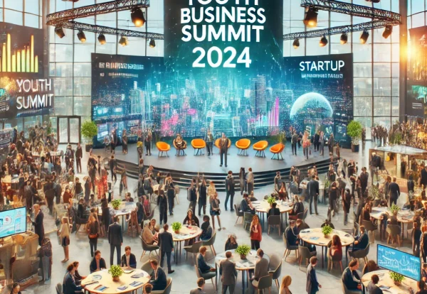 DALL·E 2024-10-24 11.56.30 - A vibrant scene of a large business summit with young entrepreneurs, investors, and industry leaders interacting. The event takes place in a modern co