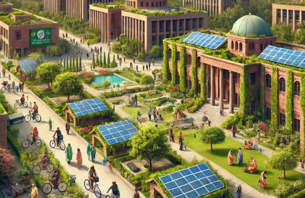 DALL·E 2024-10-24 12.08.06 - A university campus scene in Peshawar, showing the transformation through the Green Campus Initiative. The image depicts green spaces, solar panels on