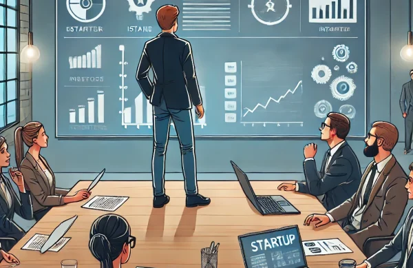 DALL·E 2024-10-24 12.20.54 - A scene of a startup pitch presentation in a modern conference room. A young entrepreneur is confidently pitching their business idea to a panel of in