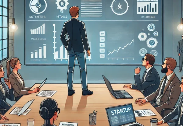 DALL·E 2024-10-24 12.20.54 - A scene of a startup pitch presentation in a modern conference room. A young entrepreneur is confidently pitching their business idea to a panel of in